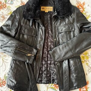 Columbia Women's Dark Leather Jacket with Fur Collar